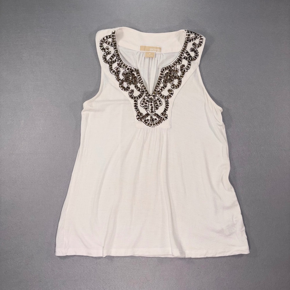 Michael Michael Kors White Studded V-Neck Sleeveless Top Petite